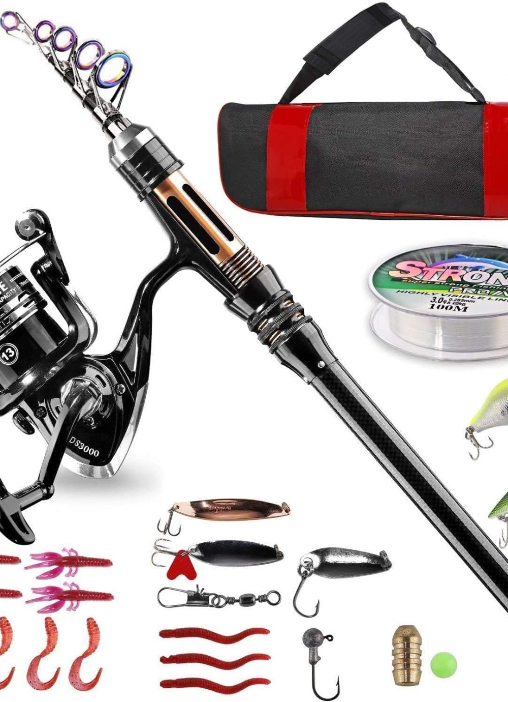 BlueFire Fishing Rod Kit, Carbon Fiber Telescopic Fishing Pole and Reel Combo with Spinning Reel, Line, Lure, Hooks and Carrier Bag, Fishing Gear Set for Beginner Adults Saltwater Freshwater
