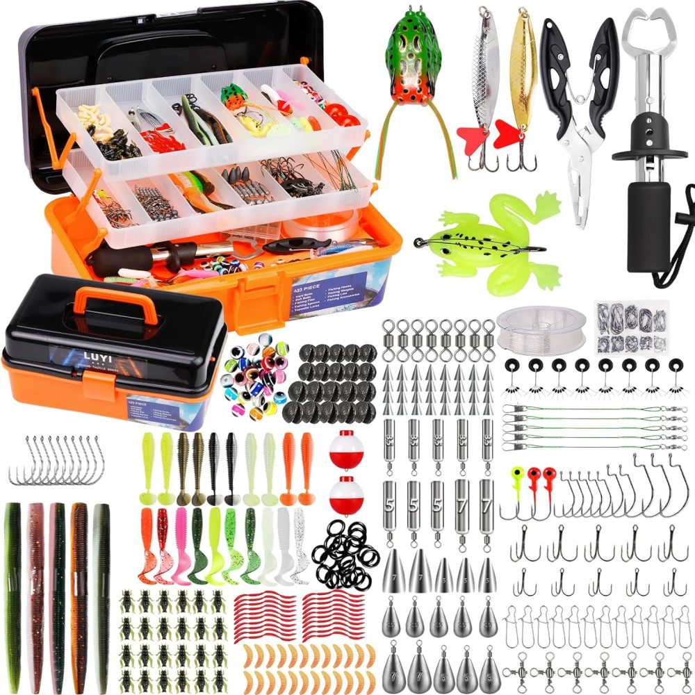 Large 3 Layers Tackle Box with Fishing Tackle Included, 423 Pcs Fishing Lures Kit Crankbaits Fishing Hooks Spoon Worm Tackle Fishing Bait Accessories for Bass Trout Freshwater Saltwater