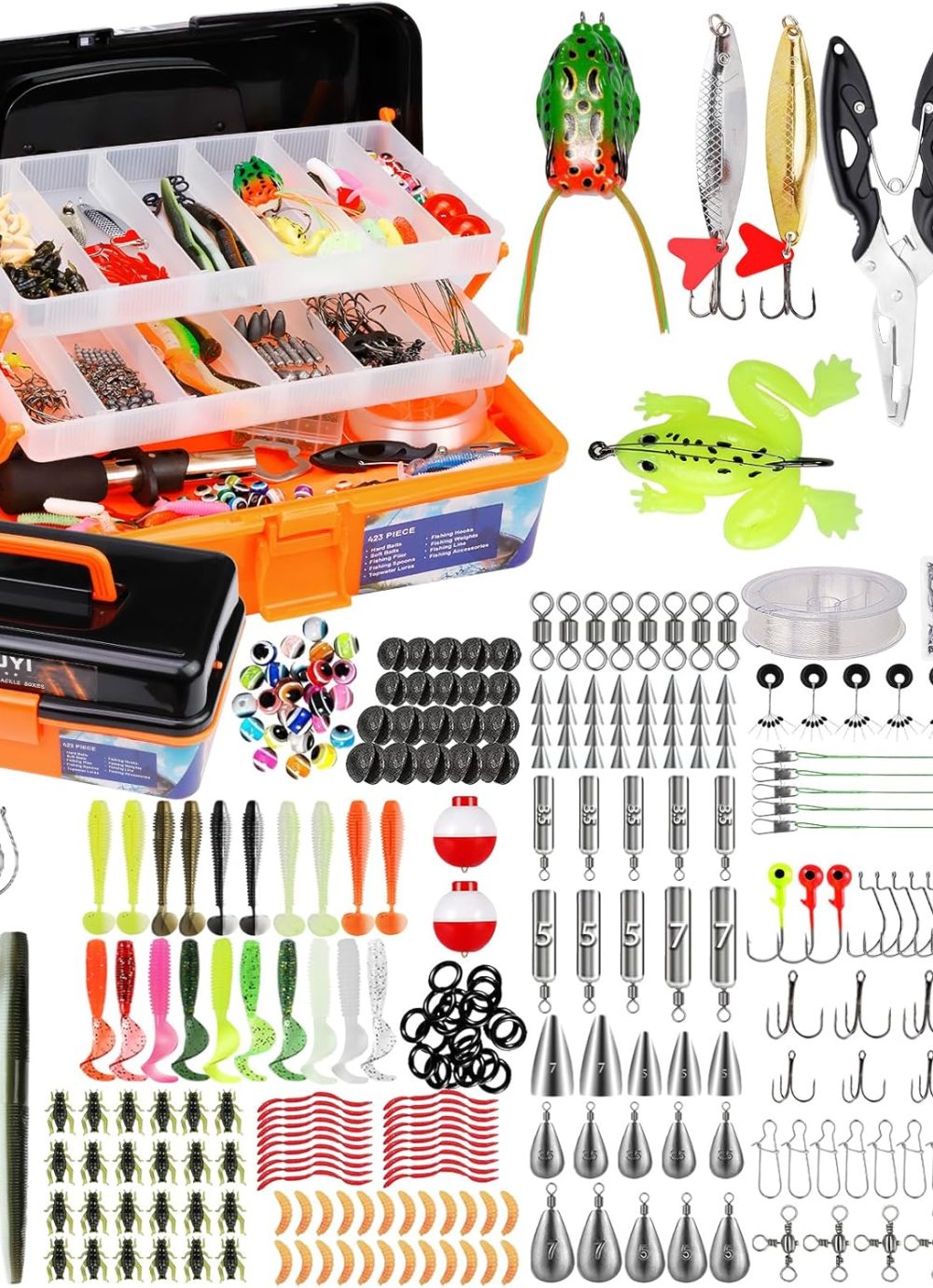 Large 3 Layers Tackle Box with Fishing Tackle Included, 423 Pcs Fishing Lures Kit Crankbaits Fishing Hooks Spoon Worm Tackle Fishing Bait Accessories for Bass Trout Freshwater Saltwater