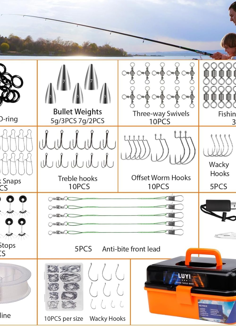 Large 3 Layers Tackle Box with Fishing Tackle Included, 423 Pcs Fishing Lures Kit Crankbaits Fishing Hooks Spoon Worm Tackle Fishing Bait Accessories for Bass Trout Freshwater Saltwater - Image 2